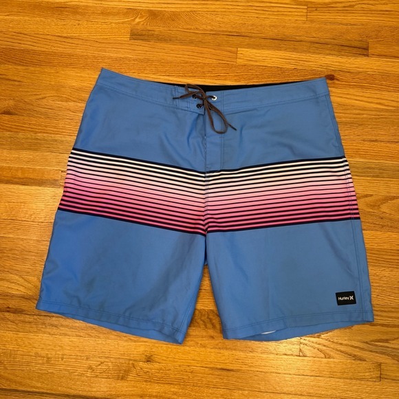 Hurley‎ Swim Trunks Board Shorts Striped Beach Surf Blue Pink Mens Size 38 - Picture 1 of 7